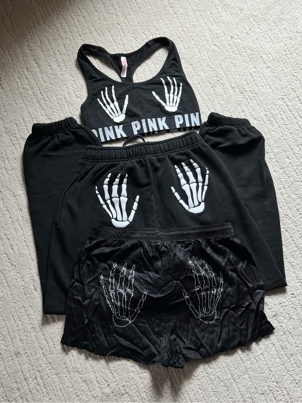 PINK Victoria's Secret Halloween Black Womens' Skeleton Hand & Rhinestone Sweats